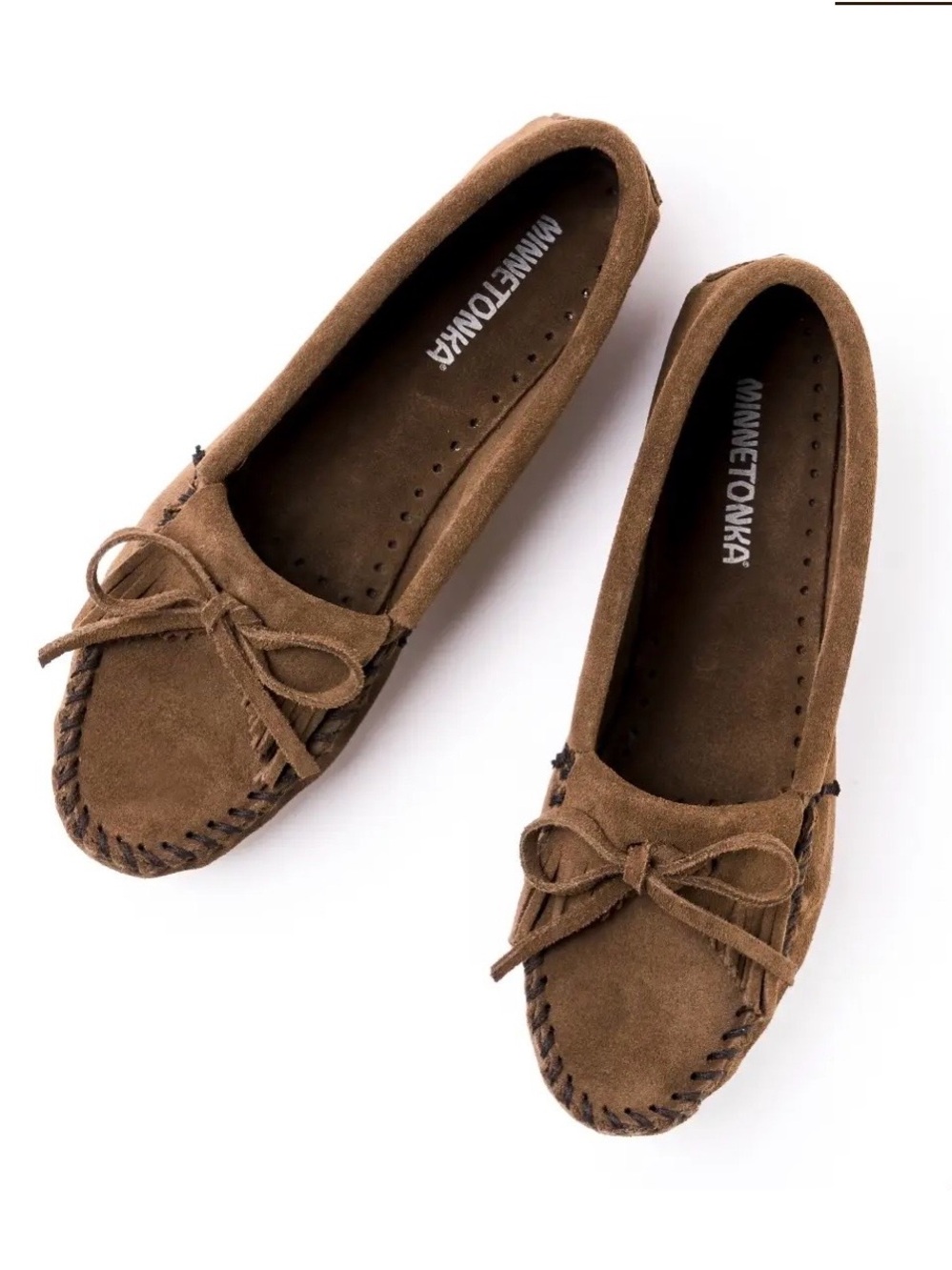 Minnetonka Brown Suede Fringe Bow Tie Moccasin Flats Women’s Size 10